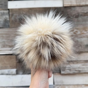 Mojave desert wolf faux fur Pom Pom, blonde and brown, small, medium, large, fluffy, pre made, tie on, cotton string, for beanies, scarves
