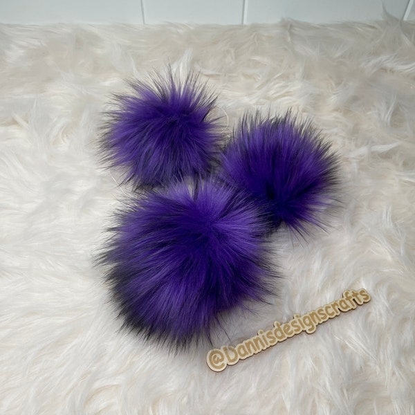 Purple husky Faux fur Pom Pom, purple with black tips, small, medium, large, fluffy, pre made, tie on, cotton string, for beanies, scarves