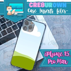 May include: A blue and green phone case with a white cloud design. The case is for an iPhone 15 Pro Max.