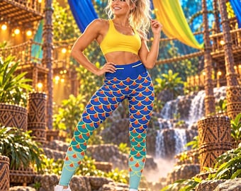 Könnte beinhalten: Ein leuchtend gelber Sport-BH kombiniert mit einer hoch taillierten Leggings mit einem blauen, orangen und grünen Schuppenmuster. Die Leggings hat einen einfarbigen blauen Bund und wird mit weißen Sportschuhen zu einem lebendigen Outfit.