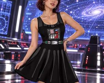 May include: A black sleeveless skater dress featuring a printed graphic of a chest control panel with red, blue, and white rectangular accents, and a utility belt graphic at the waistline. The skirt has vertical grey stripes along the hemline.