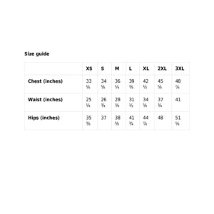 May include: Size guide chart for clothing with measurements in inches. The chart shows sizes XS through 3XL with measurements for chest, waist, and hips.