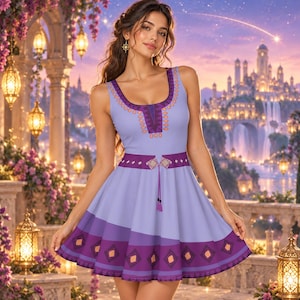 May include: A sleeveless light purple dress featuring a scoop neckline with a dark purple and orange geometric pattern. The waist is accented with a dark purple band and a central tassel detail, while the hem displays a dark purple border.