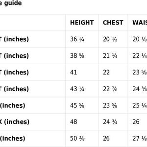 May include: Size guide chart for children's clothing with measurements in inches for height, chest, and waist. Sizes include 2T, 3T, 4T, 5T, 6, 6X, and 7.
