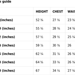 May include: Size guide chart with measurements in inches for height, chest, and waist. The chart shows sizes 8 through 20.