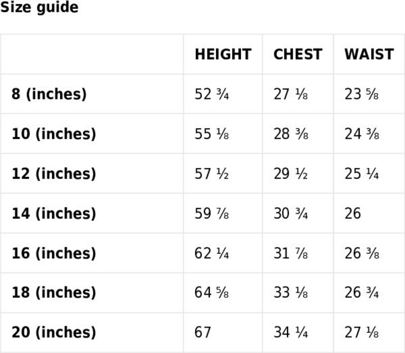 May include: Size guide chart with measurements in inches for height, chest, and waist. The chart shows sizes 8 through 20.