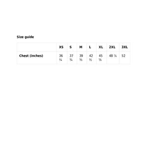 May include: Size guide chart for clothing with chest measurements in inches. The sizes are XS, S, M, L, XL, 2XL, and 3XL.