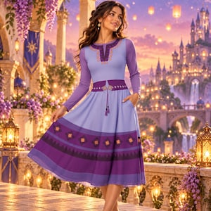 May include: A long-sleeved dress in shades of light and dark purple, featuring a round neckline with a geometric pattern, a fitted waist with a decorative belt detail, and a flared skirt with a repeating diamond and triangular border design.