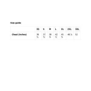 May include: Size guide chart for clothing with chest measurements in inches. The sizes are XS, S, M, L, XL, 2XL, and 3XL. The corresponding chest measurements are 36 1/4 inches, 37 3/4 inches, 39 3/8 inches, 42 1/2 inches, 45 5/8 inches, 48 7/8 inches, and 52 inches.