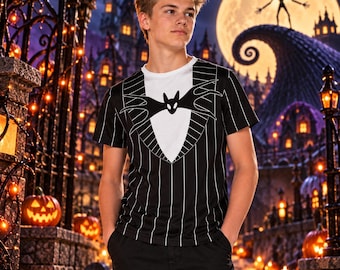 May include: A short-sleeved t-shirt featuring a black and white pinstripe pattern with a white chest panel and a black bat-shaped graphic. The shirt has a round white neckline and is designed with a print that mimics a formal suit jacket style.