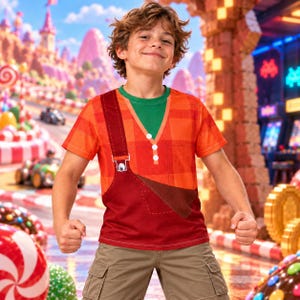 May include: A short-sleeved t-shirt featuring an orange and red plaid pattern on the upper portion and a solid dark red lower section designed to resemble overalls. The shirt includes a green crew neckline and three white buttons on the chest.