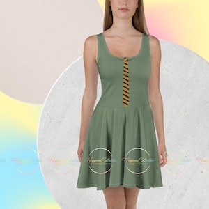 May include: A sleeveless, olive green skater dress with a yellow and black striped tie design. The dress has a scoop neckline and a flared skirt. The text "Happiness Collection" is printed on the bottom of the dress.