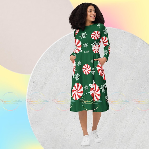 Goofy Holiday Peppermint Midi Dress: Long Sleeve Festive Fashion Goofy Holiday Peppermint Midi Dress: Long Sleeve Festive Fashion