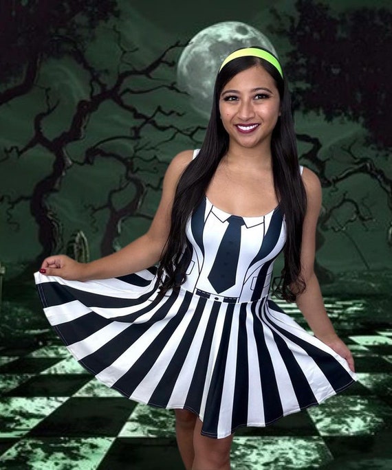 Pinstripe Ghost Skater Dress - Women's Spooky Disneybound Villain Costume Pinstripe Ghost Skater Dress - Women's Spooky Disneybound Villain Costume