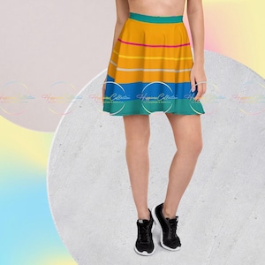 May include: A yellow, blue, and green striped skater skirt with a red stripe at the top.