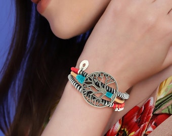 Tree of Life Leather Bracelet: Silver Plated Boho Jewelry