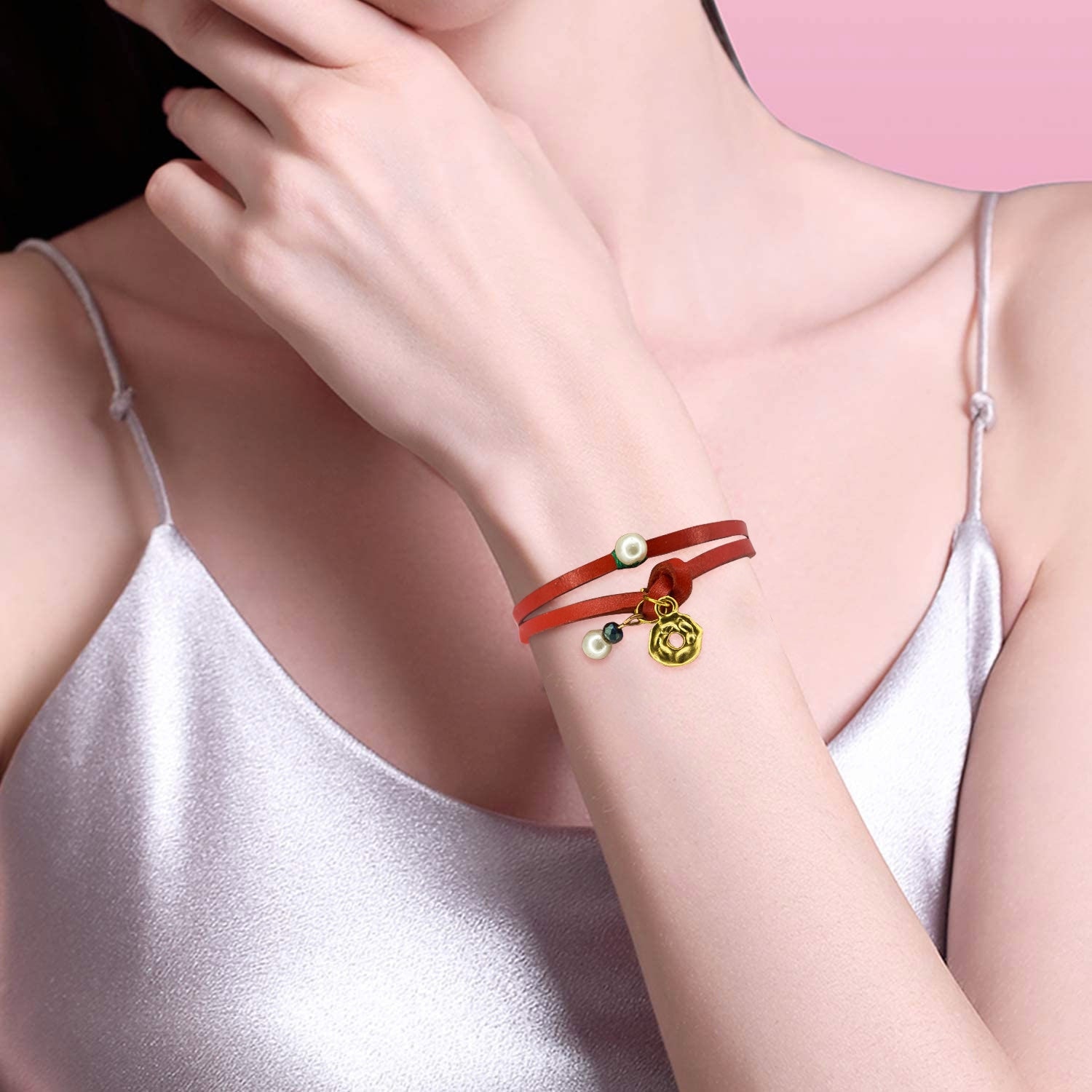 Elegant Red Leather Bracelet with Pearl Accent Mother of Pearl Hoop & Carnelian Bead Bracelet: Brown  main image 3