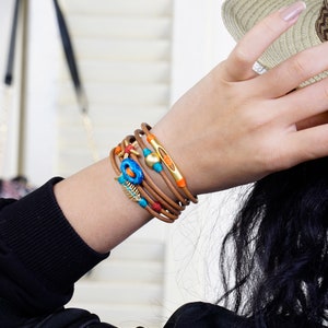 Light Brown Leather Wrap Bracelet: Boho Layered Style