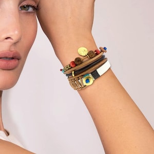 Womens Leather Bracelet Unique stacked bracelets set, Layered cuffs for everyday look