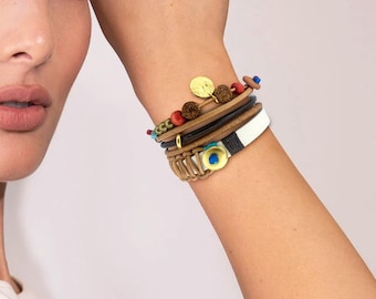 Damläderarmband Unikt staplat armbandsset, Lagerbelagda manschetter för vardaglig look