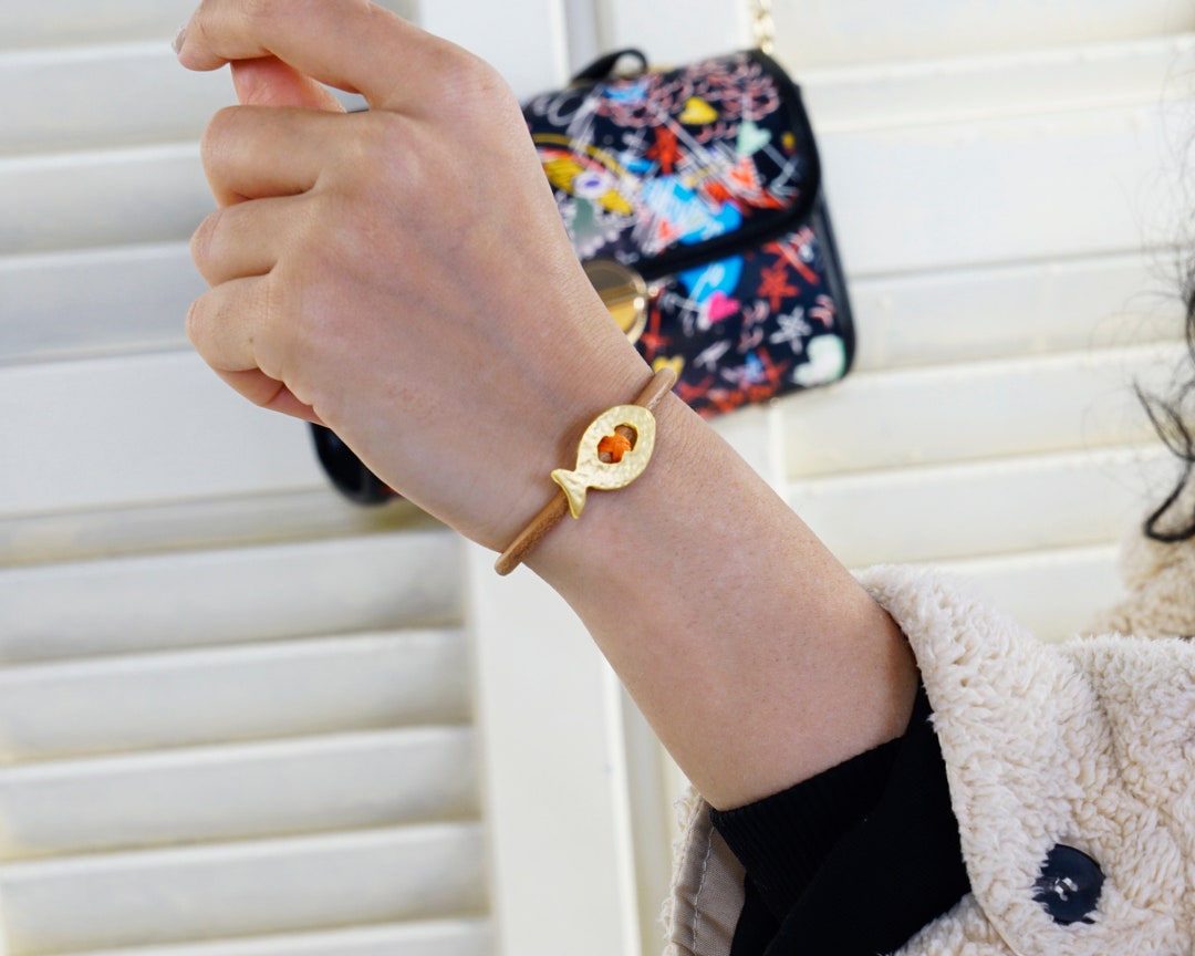 Gouden Vis Echt Lederen Armband, Engels Tan Lederen Armband voor Unisex