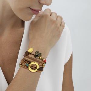 Womens Leather Bracelet Unique stacked bracelets set, Layered cuffs for everyday look