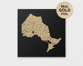 Impression de cartes de la rivière Ontario - Affiche d’art mural minimaliste - Province maps Gold Foil Artwork - Canada - Carte To Frame