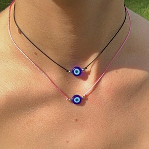 Evil Eye Cord Necklace, Handmade Evil Eye Necklace, Blue Glass Ojo Necklace, Evil Eye Choker, Nazar Necklace, Evil Eye Jewelry for Women