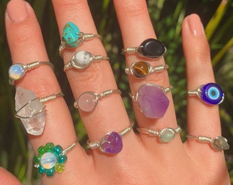 COMPRE 2 OBTENGA 1 GRATIS Anillos de piedras preciosas de cristal envueltos en alambre / Anillos de cristal curativo para mujeres