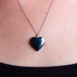 Hematite Heart Pendant Necklace, Chunky Hematite Crystal Stone Heart Necklace, Oversize Silver Heart Necklace