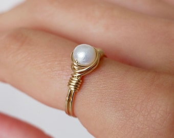 14K Gold Filled Freshwater Pearl Ring: Wire Wrapped Sterling Silver