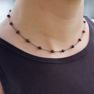 Garnet Crystal 90s Style Choker Necklace, Gunmetal Necklace, Dainty Crystal Choker