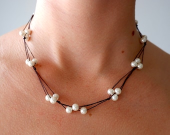 Beachy Pearl Necklace, Boho Glass Pearl Necklace, Hand Knotted Cord Pearl Necklace