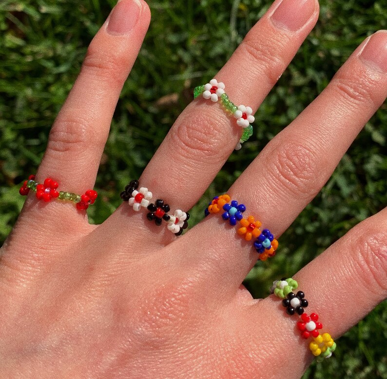 Colorful Beaded Daisy Chain Flower Rings Etsy