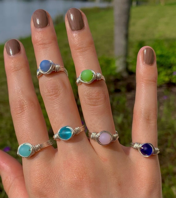 Sea Glass Rings Wire Wrapped Glass Ring Recycled Glass Ring