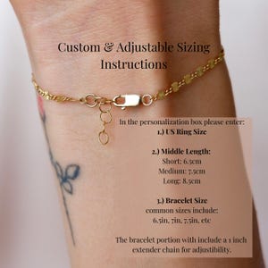 May include: A gold-colored bracelet with a delicate, circular design. The image includes text with instructions for custom sizing, including US ring size and bracelet length in inches and centimeters. The bracelet has an extender chain for adjustability.