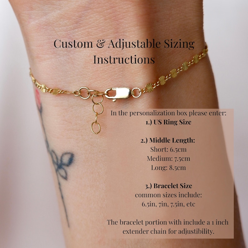 May include: A gold-colored bracelet with a delicate, circular design. The image includes text with instructions for custom sizing, including US ring size and bracelet length in inches and centimeters. The bracelet has an extender chain for adjustability.