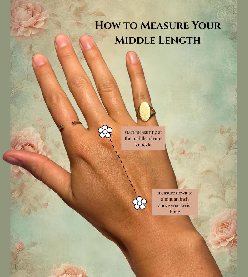 May include: Image showing a hand with text that reads "HOW TO MEASURE YOUR MIDDLE LENGTH". The text provides instructions on measuring, starting at the middle of the knuckle and measuring down about an inch above the wrist bone.