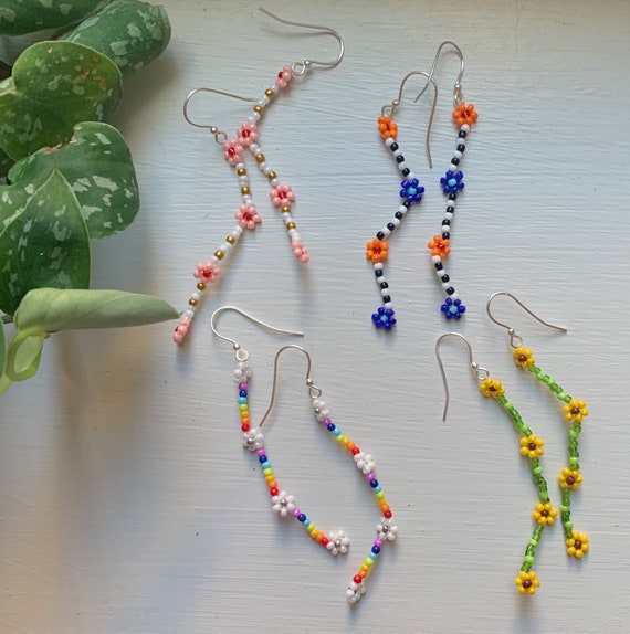 Colorful Beaded Flower Earrings Etsy
