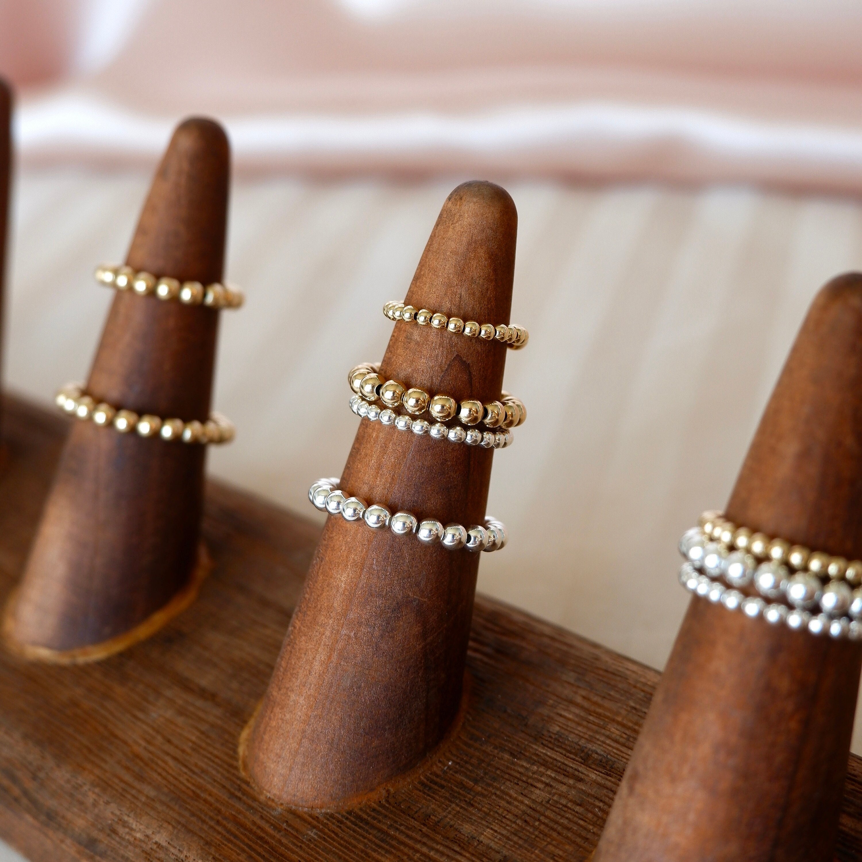 14k Gold Filled & Sterling Silver Beaded Elastic Stretchy Rings, Stackable Rings