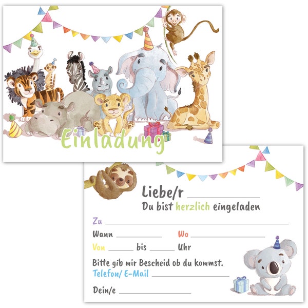 Einladungskarten Kindergeburtstag 12er Set Tiere - Geburtstagseinladungen für Mädchen und Jungen bis 10 Jahre – Einschulung und Geburtstag