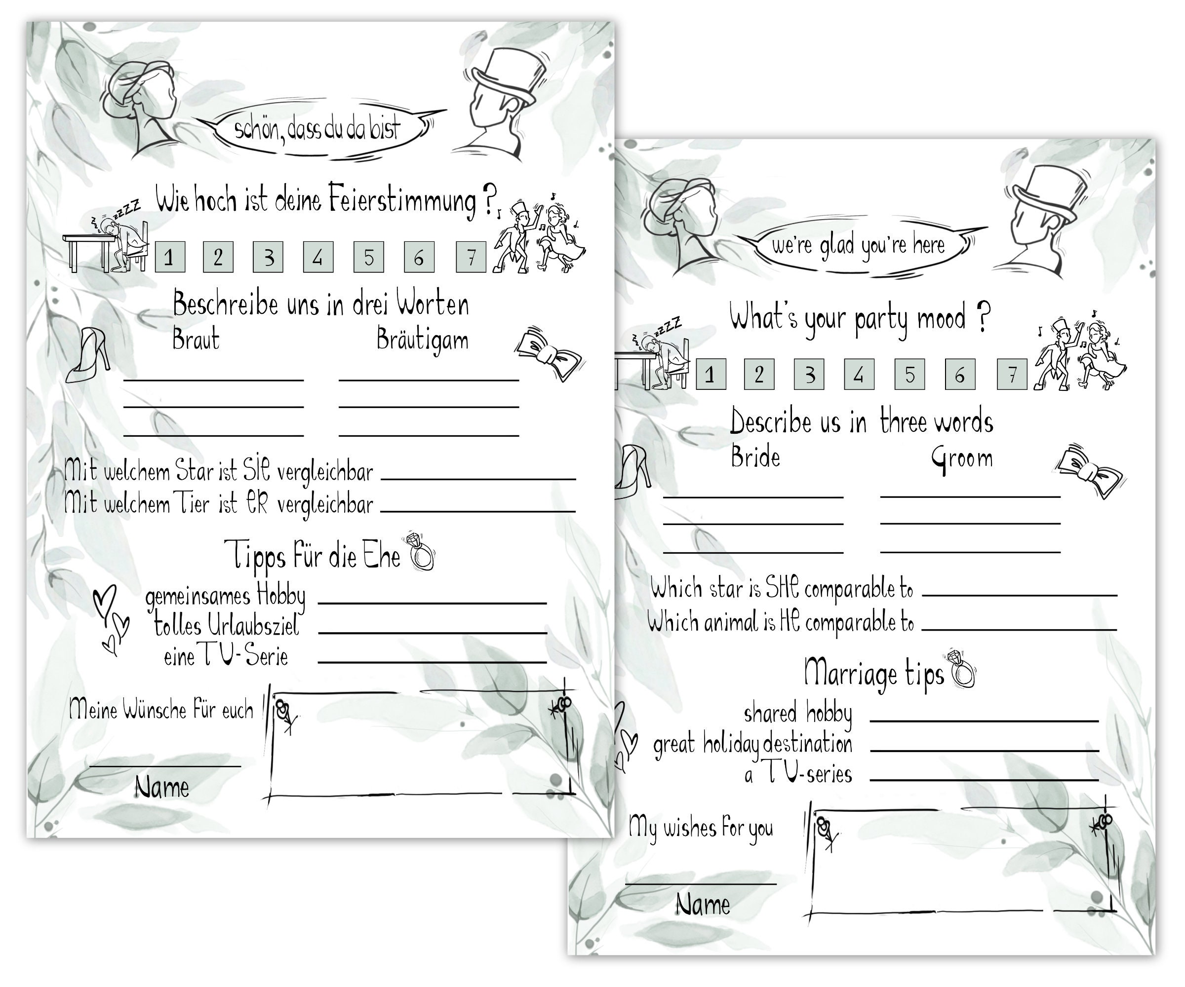 Multilingual Wedding Guest Book Cards With Funny Questions Etsy