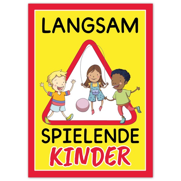 Caution Children sign with fluorescent colors - Warning sign for playing children - Caution: drive slowly - Road sign - Warning notice: Play street