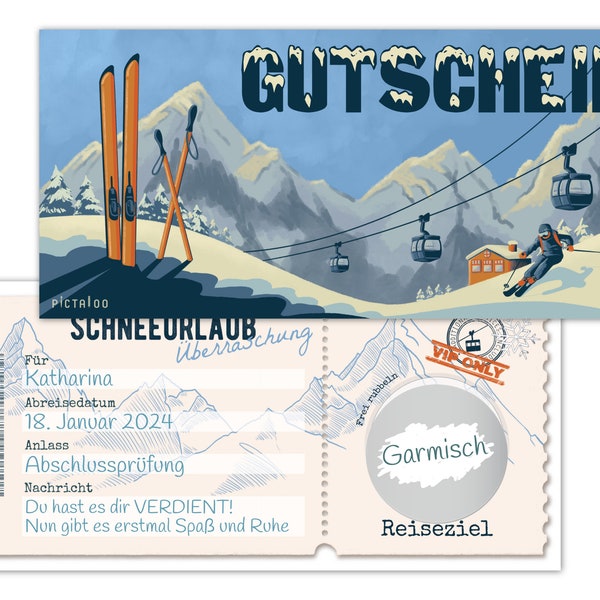 Reisegutschein Karte Skiurlaub - Gutschein Reise Urlaub mit Rubbelaufkleber - Gutscheinkarte Ski Wintersport Skifahren Geschenkverpackung