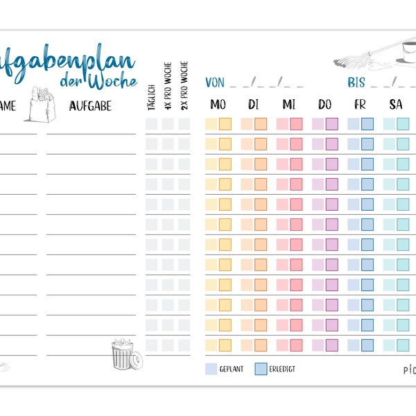 Haushaltsplaner Familie mit Aufgaben, Aufgabenplaner Kinder, Putzplan für den Haushalt, To Do Listen Block mit 50 Blatt, Wochenplaner A4