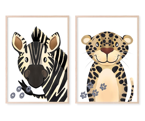 Pack 4 Láminas Decorativas Niños, 21x30 Cm - Animales Y Automóviles, Lienzo Algodón, Sin Marco