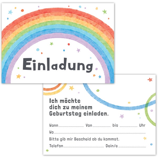 Einladungskarten Kindergeburtstag 12er Set Regenbogen, Geburtstagseinladungen Karte Mädchen & Jungen, Bunte Partyeinladung Geburtstagsfeier