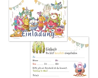 Einladungskarten Monster Kindergeburtstag 12er Set - Geburtstagseinladungen Party für Mädchen und Jungen – Einladung zum Geburtstag