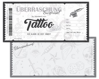 Vale tatuaje, vale tarjeta para un tatuaje, tarjeta regalo tatuaje para rellenar con motivos de tatuaje en blanco y negro, vale tatuaje