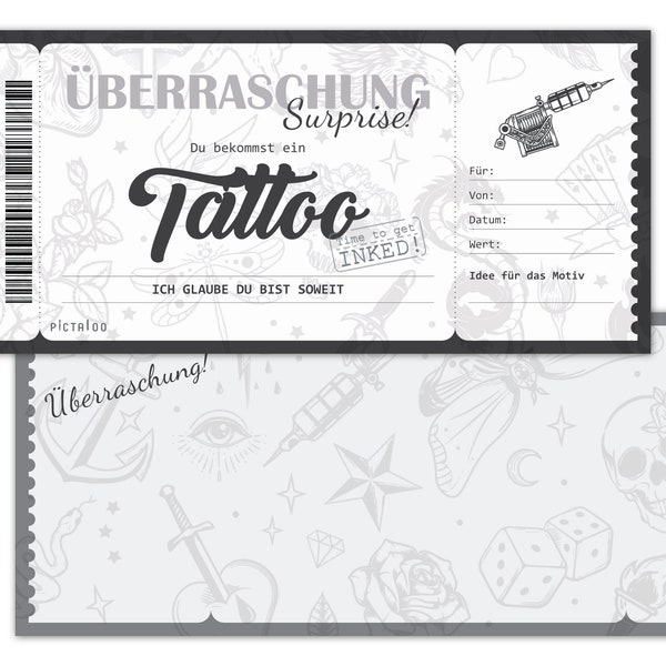 Gutschein Tattoo, Gutscheinkarte für eine Tätowierung, Geschenkkarte Tattoo zum Ausfüllen mit Schwarz Weiß Tattoo-Motiven, Tattoogutschein